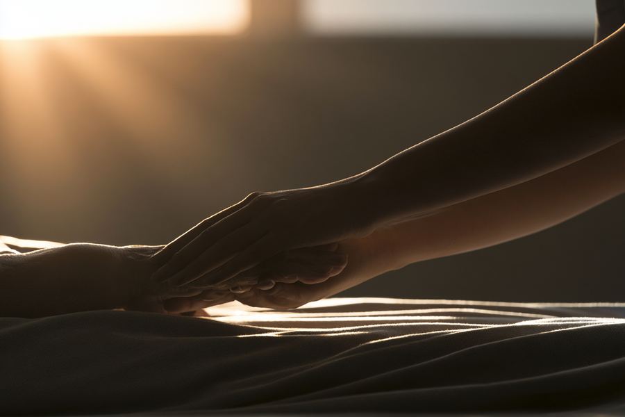 A nurse resting a hand on a patient's hand in a quiet hospital room at dawn