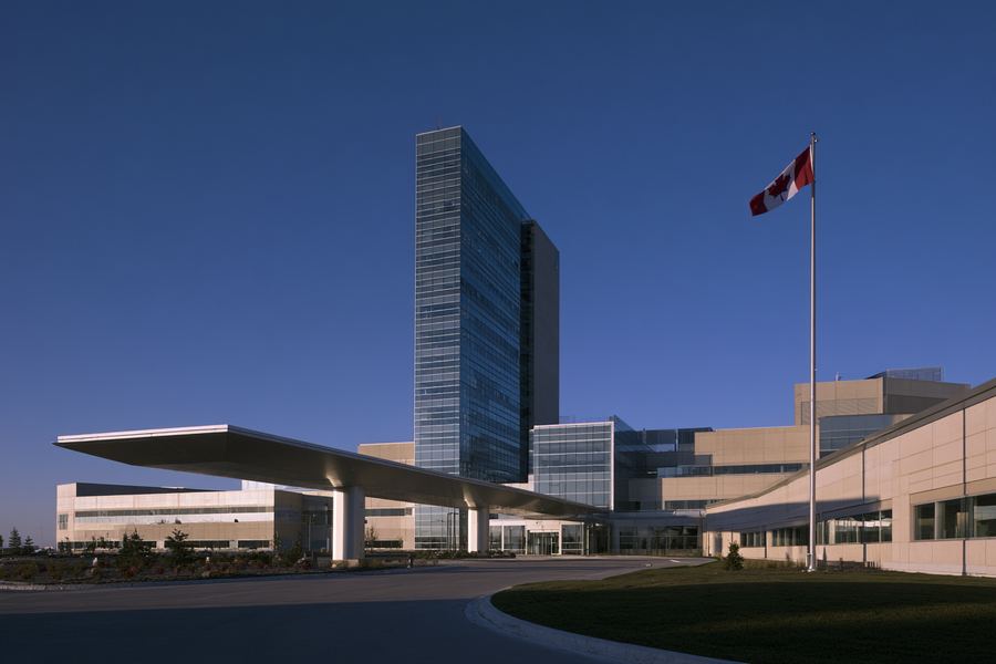 Pembroke Regional Hospital — a modern regional hospital with a glass tower entrance